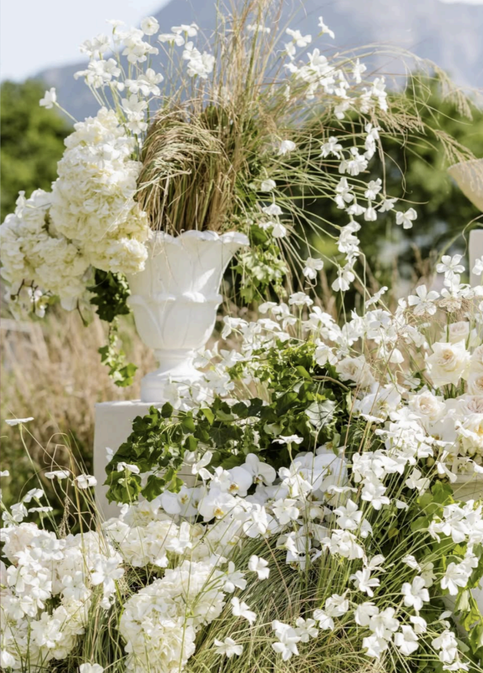 Lush white floral installation with hydrangeas, orchids and grasses set against the mountains