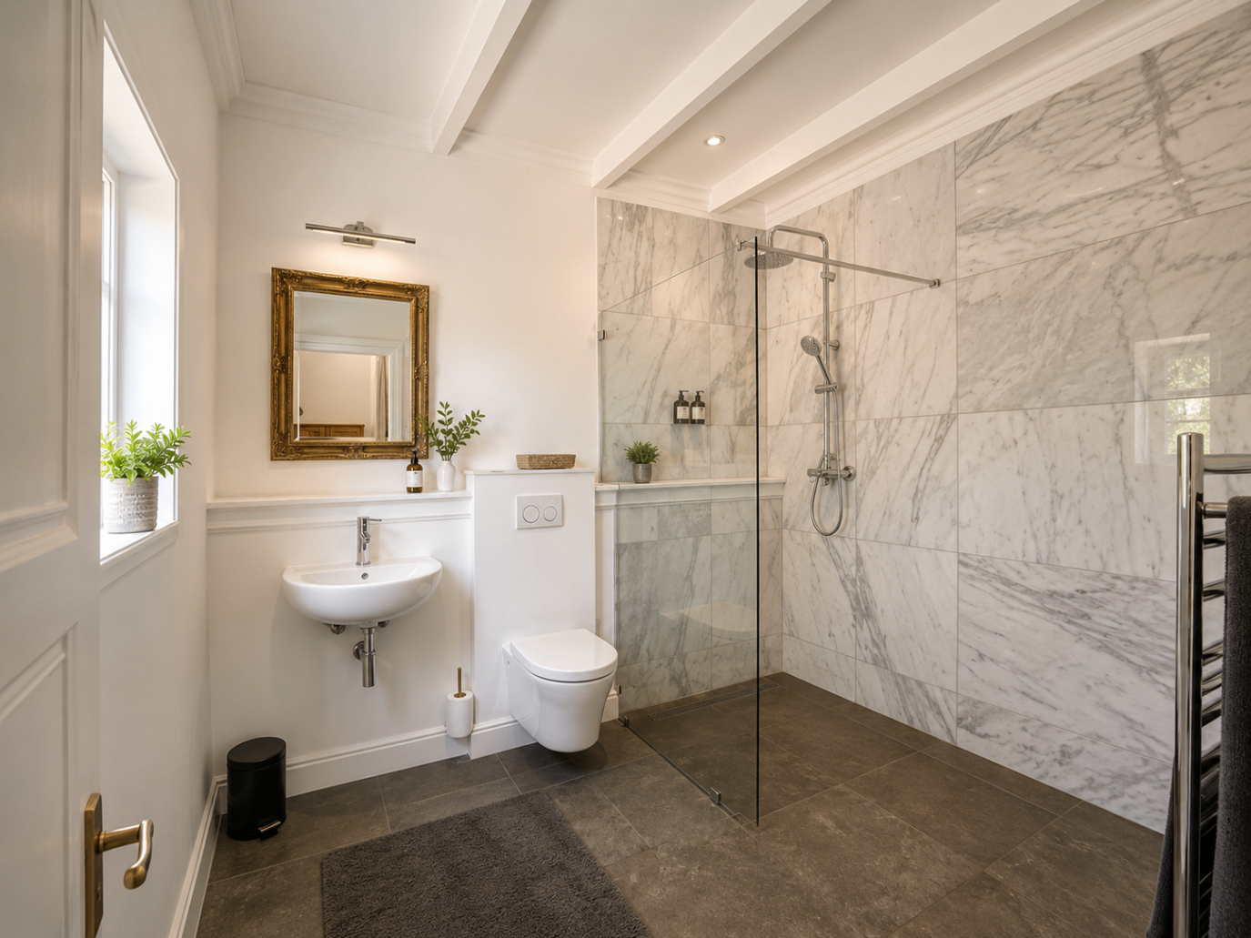 Wild Olive Manor House bathroom with marble walk-in shower