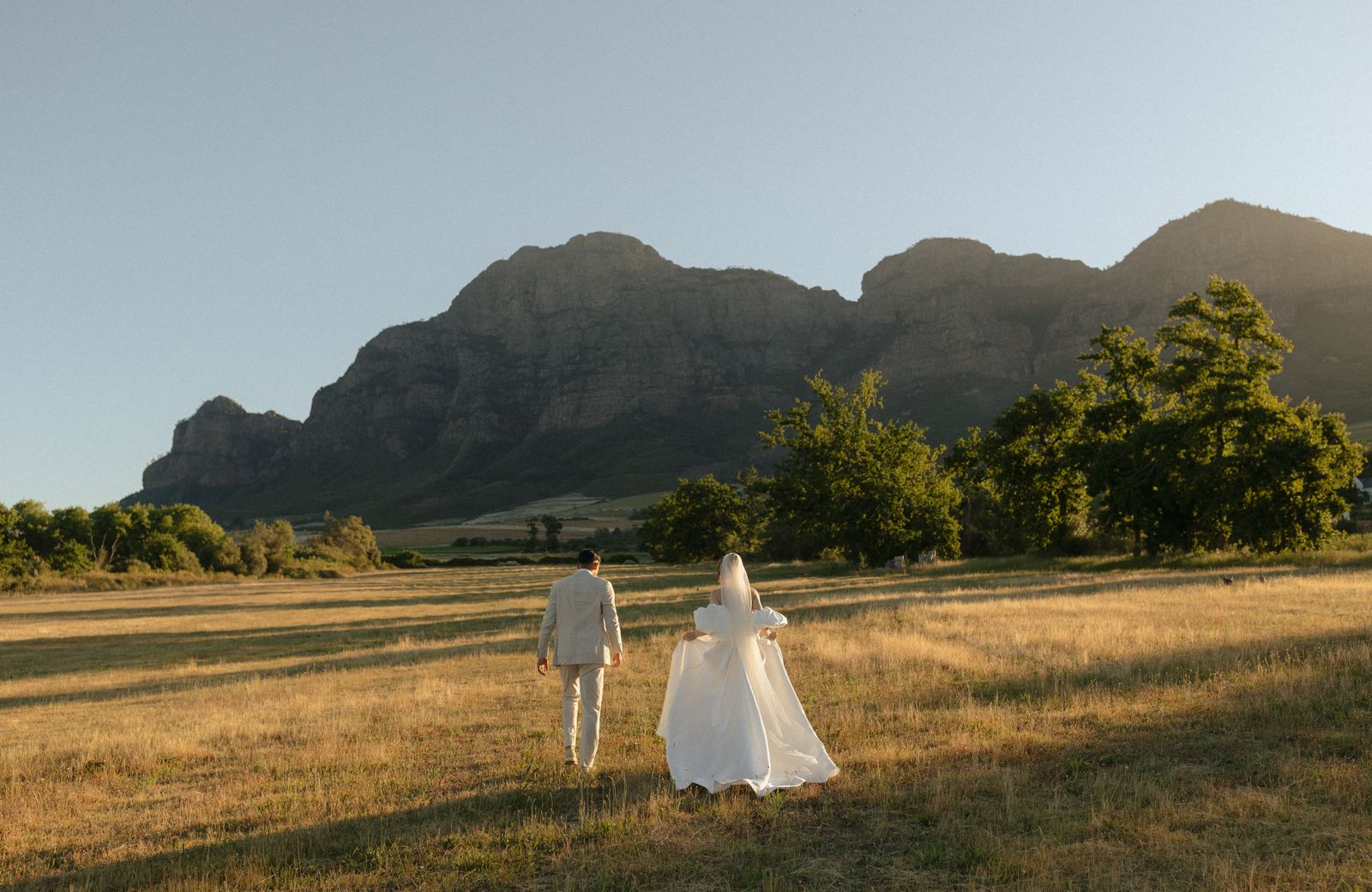 Bride and groom walking through golden fields with mountain backdrop