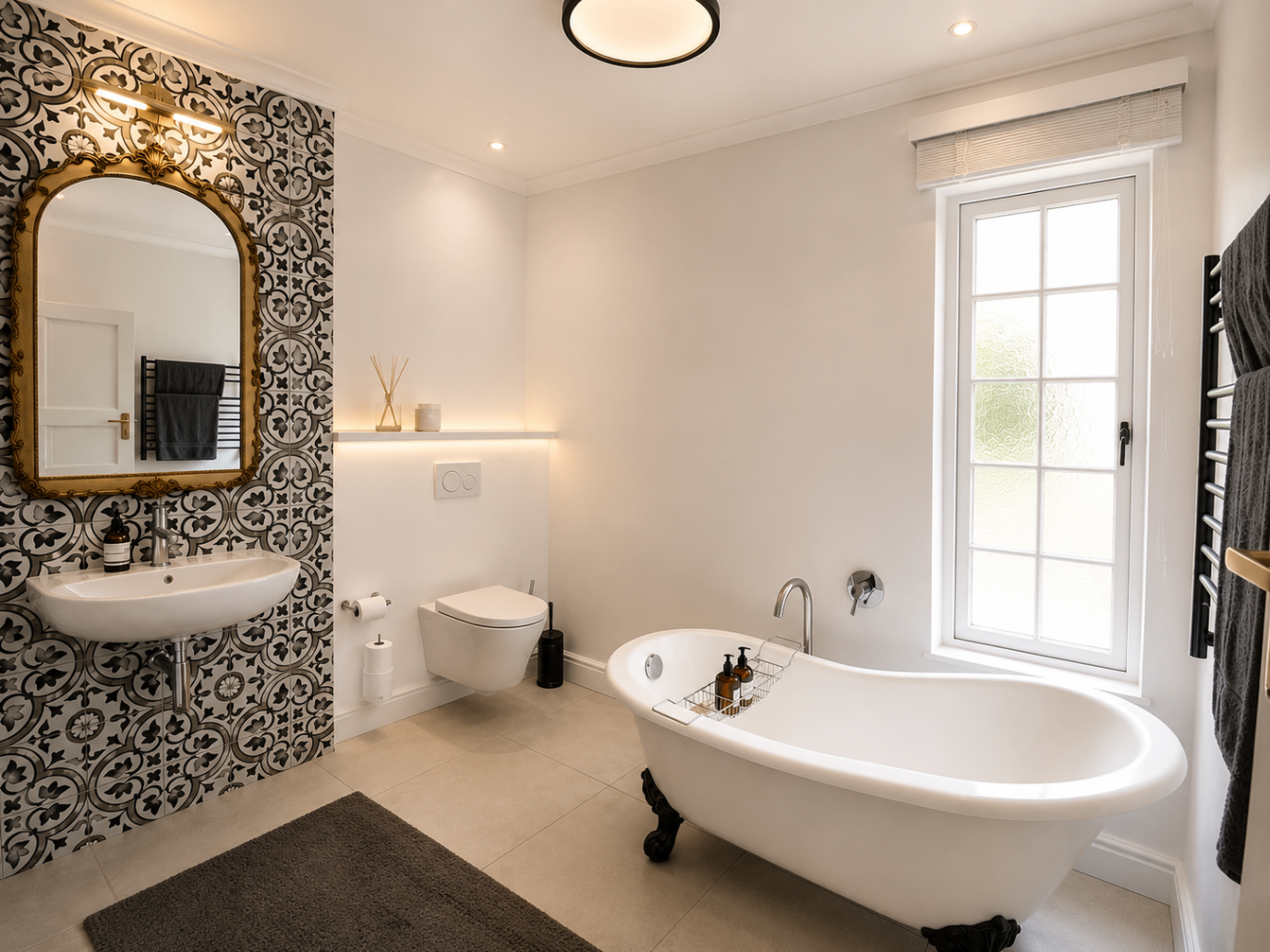 Wild Olive Manor House bathroom with freestanding bath and patterned tile wall