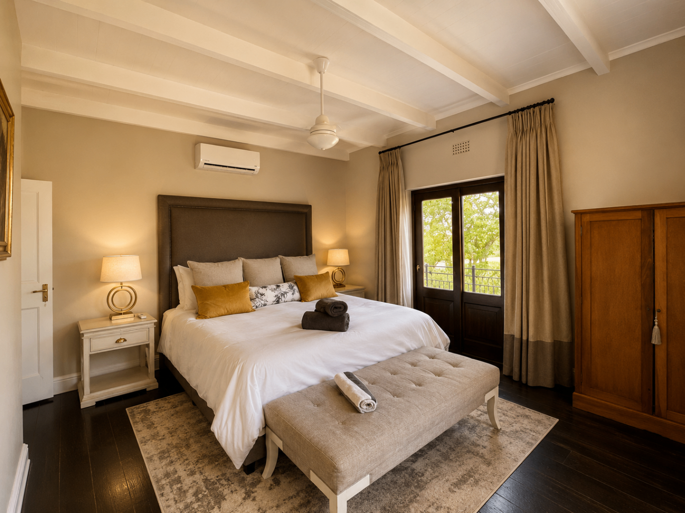Wild Olive Manor House main bedroom with tufted bench and balcony doors