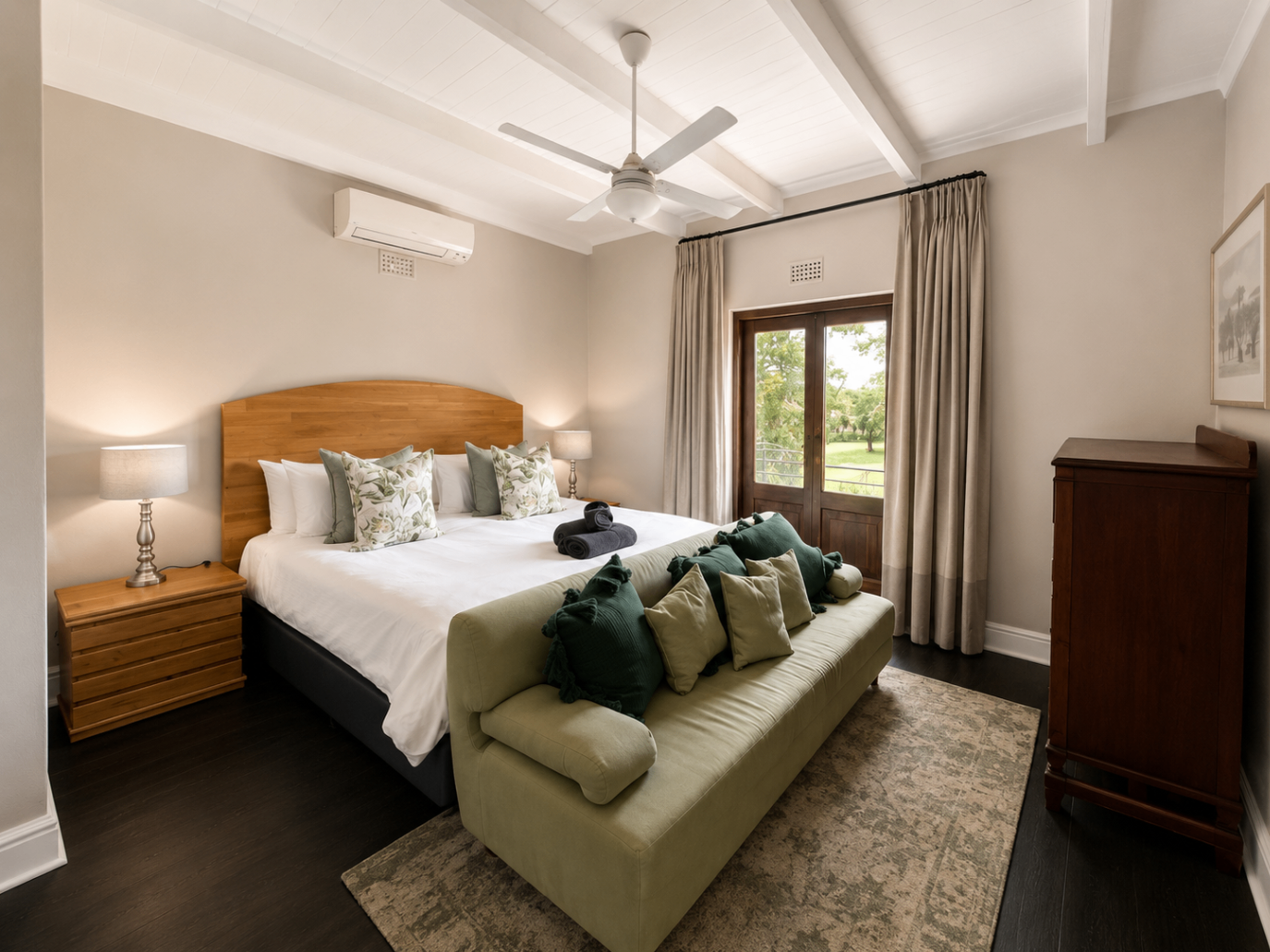 Wild Olive Manor House bedroom with garden-facing doors and lounge bench