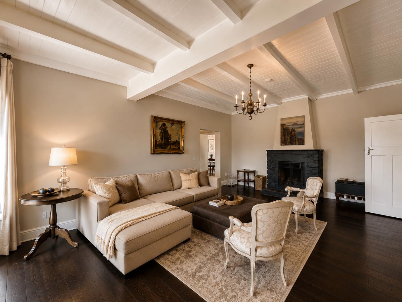 Wild Olive Manor House lounge with fireplace and soft neutral seating