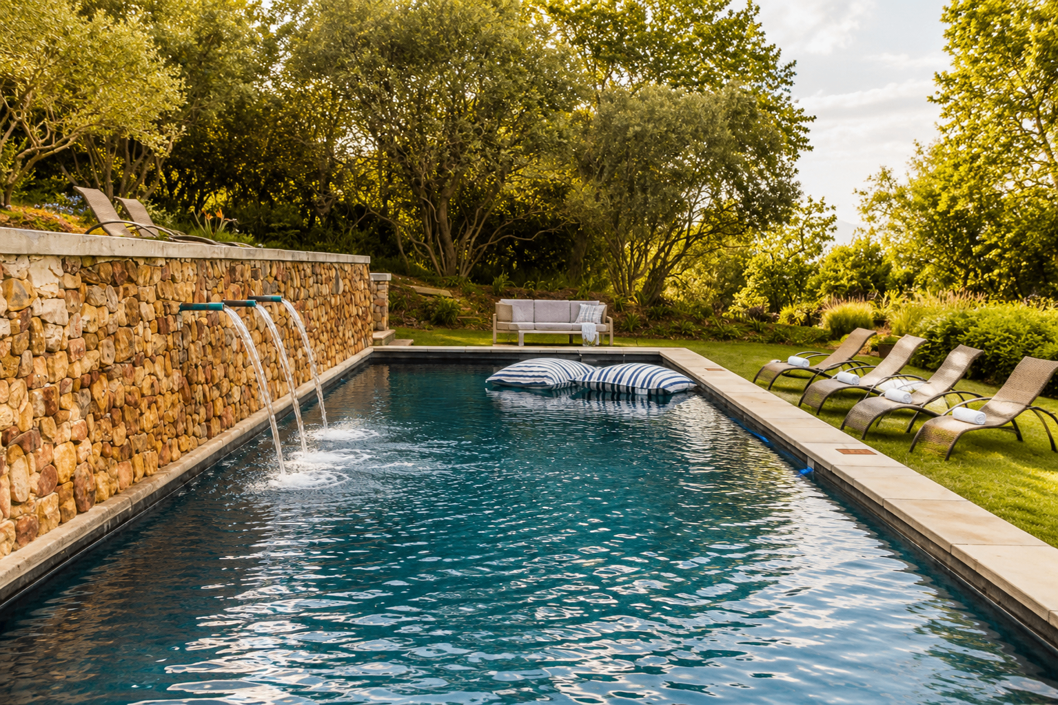 Communal estate swimming pool with waterfall feature, sun loungers and mountain views