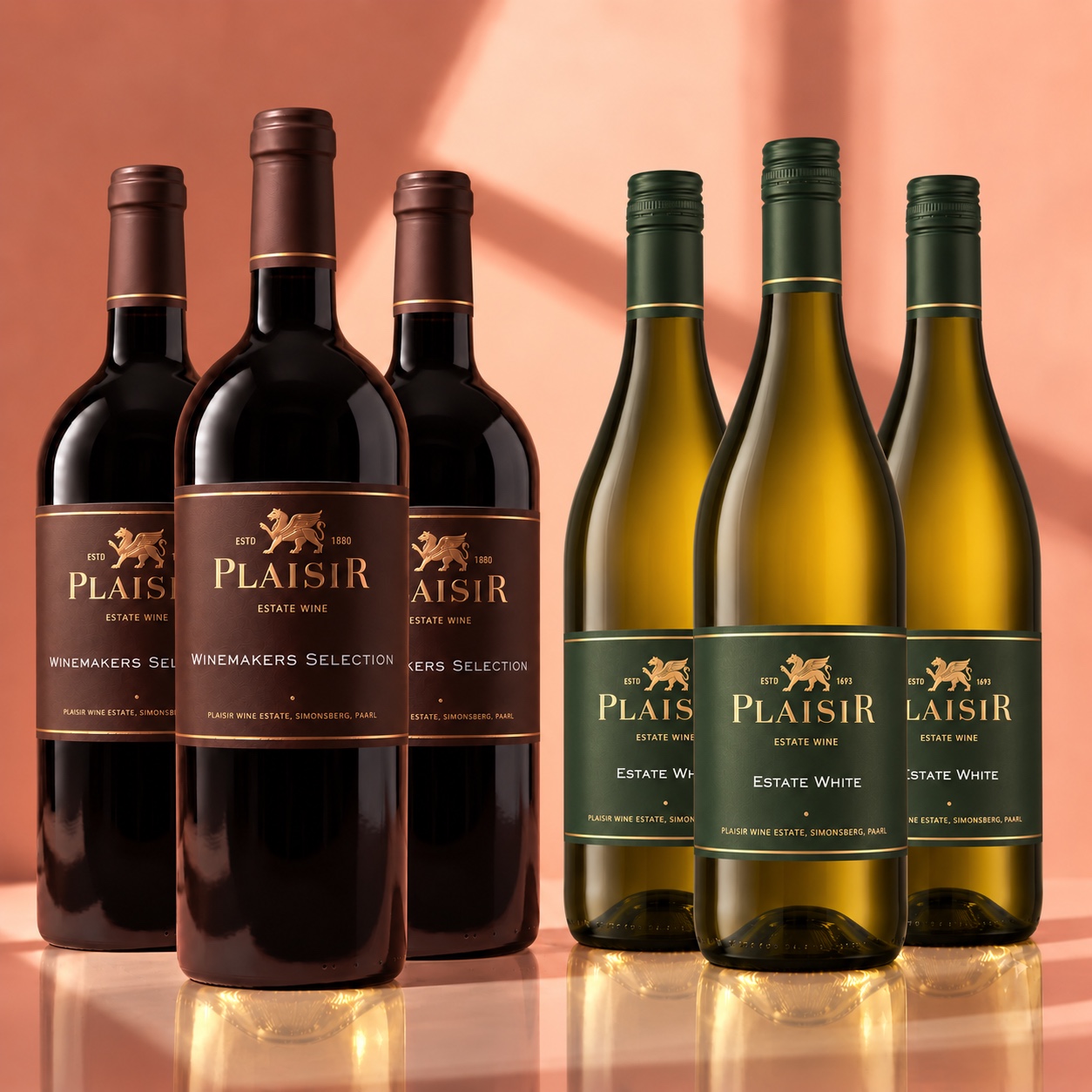 Three bottles of Plaisir Estate White and three bottles of Winemaker's Selection Malbec