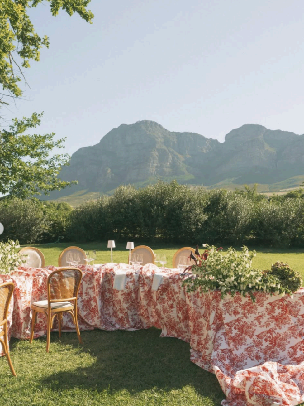 Long alfresco table dressed in patterned linens with mountain views