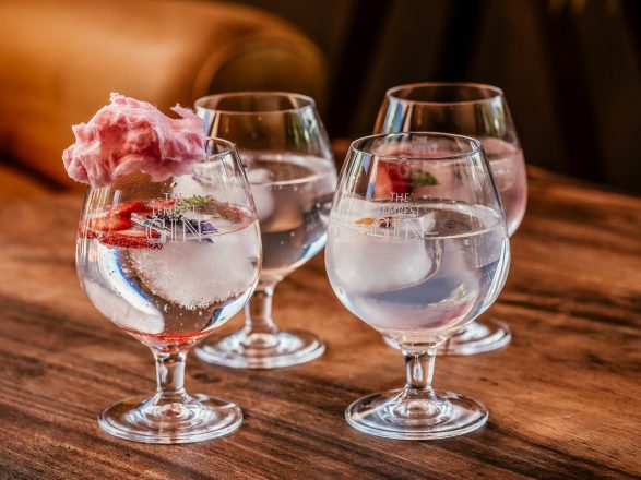 Flight of Tempest gin serves with candy floss garnish