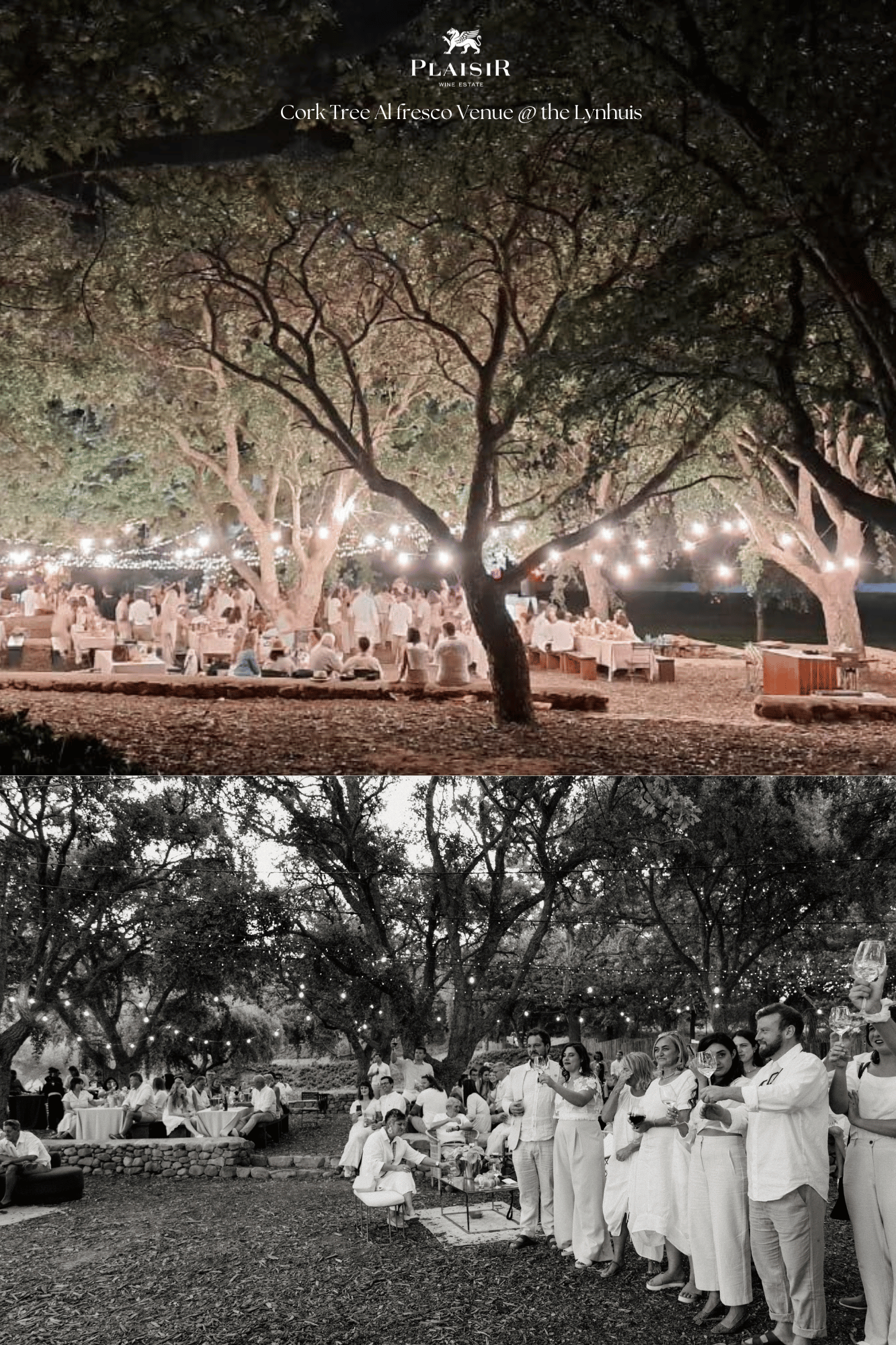 Cork Tree alfresco venue at the Lynhuis at night with string lights