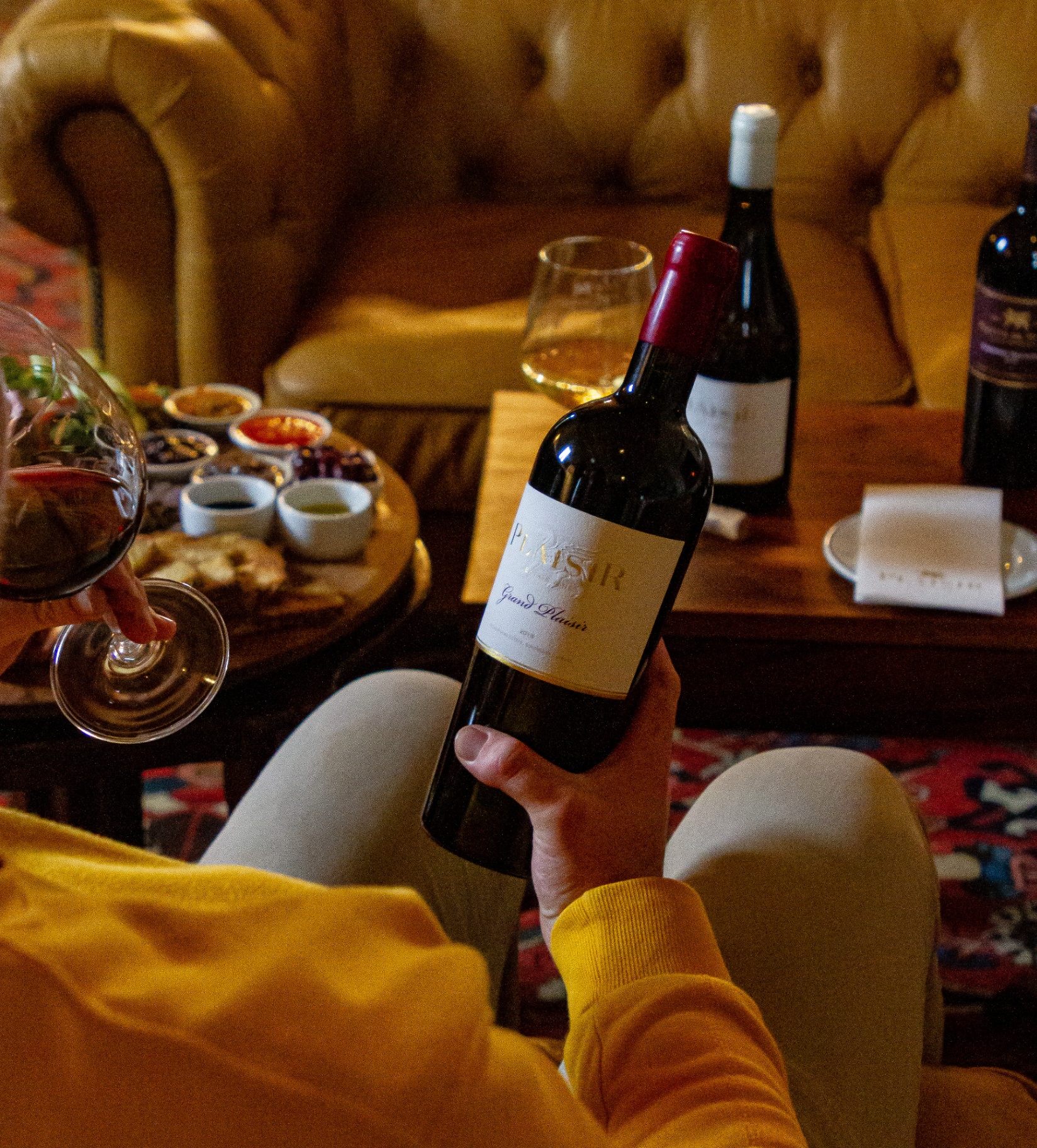 Grand Plaisir wine and tasting platter in the lounge