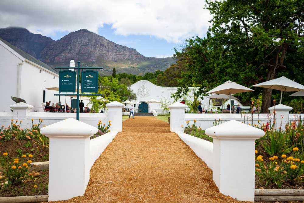 Pathway to the Plaisir tasting room with mountain backdrop